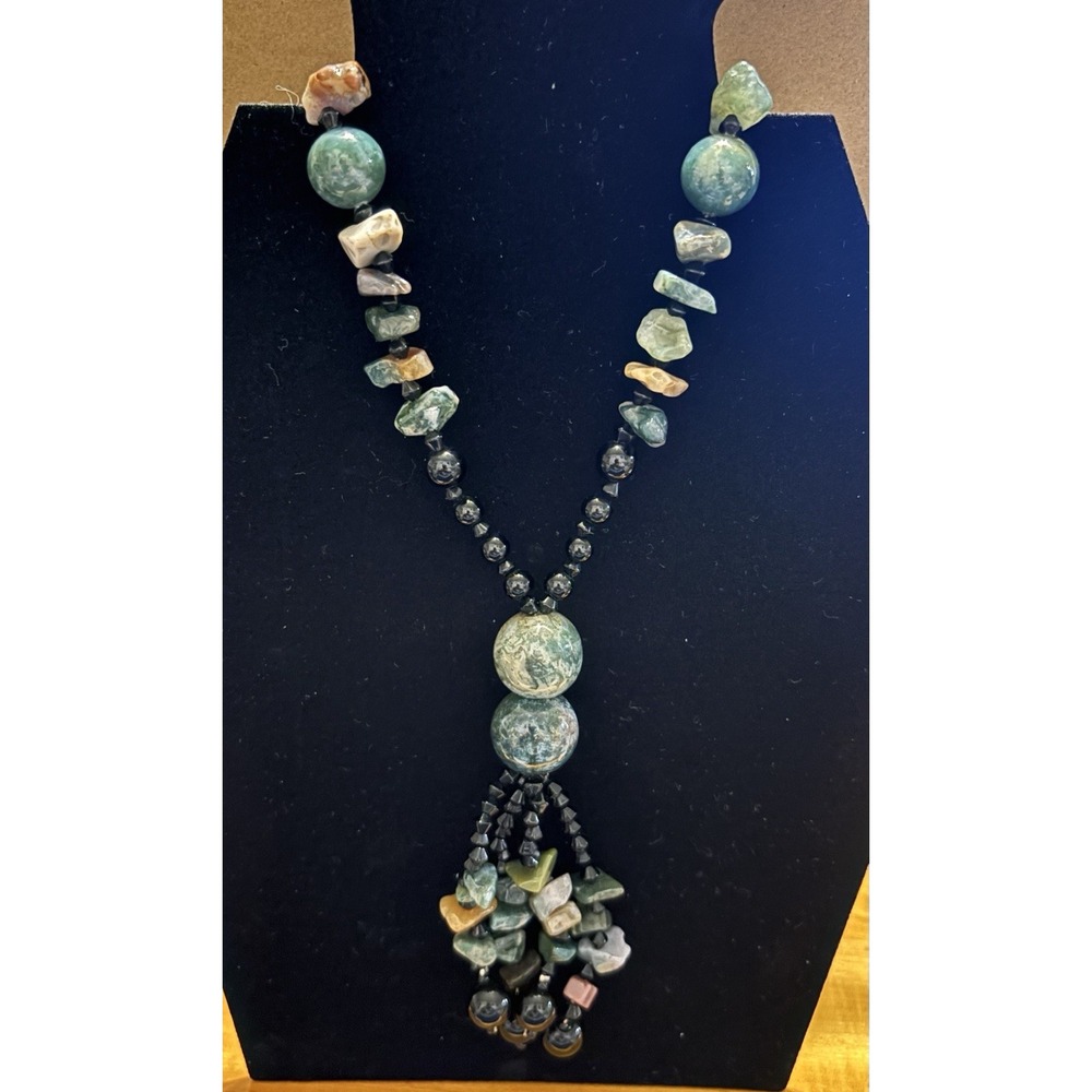 Gemstone Tassel Necklace Green Blue Black  Moss Agate Indian Agate See Photos